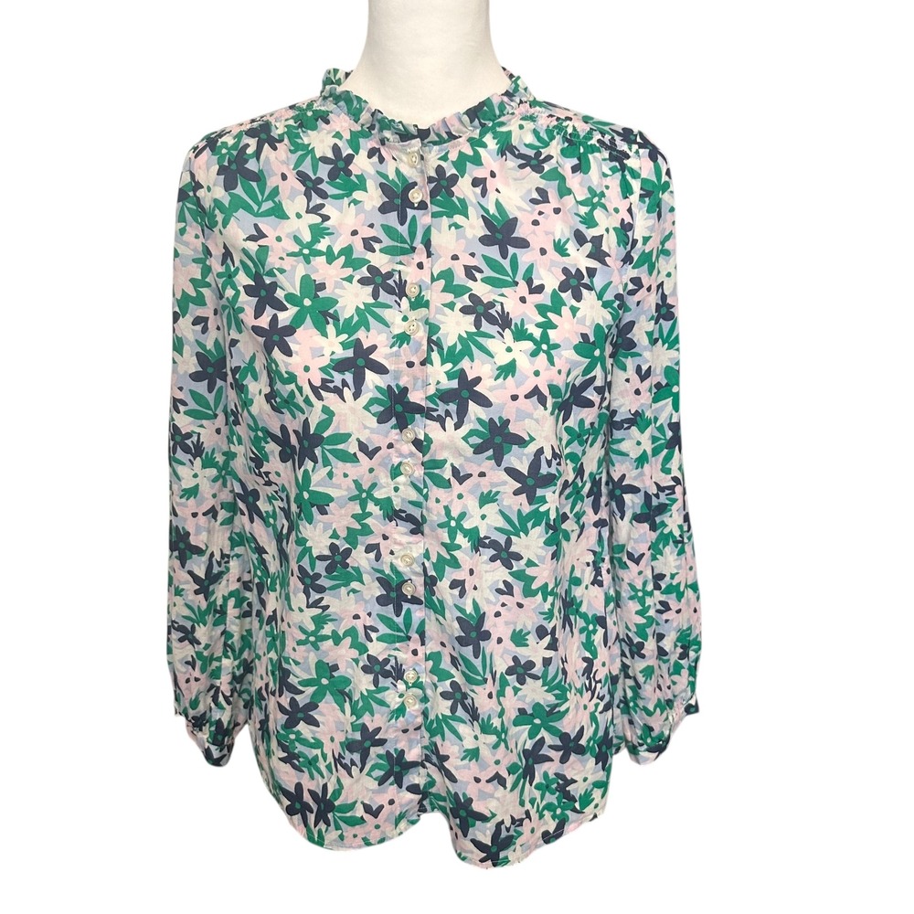 Talbots Petite Top Women's SP Navy‎ Pink Floral Ruffle Neck Button Up Shirt